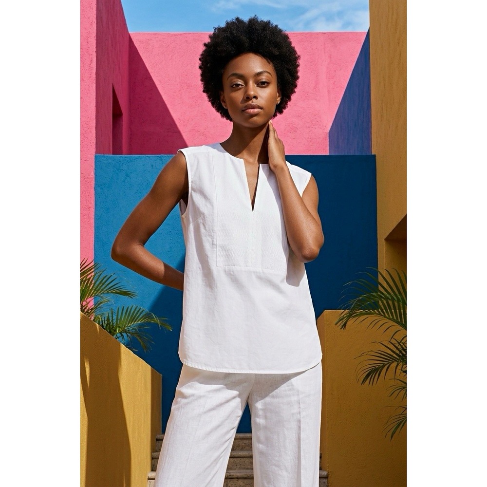 Thomas Mason for J.Crew Womens White 100% Cotton V-Neck Blouse 6 A4919